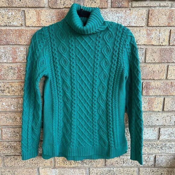 Lands' End Women's XS Green Cable Knit Turtleneck Sweater Pullover - Picture 1 of 4